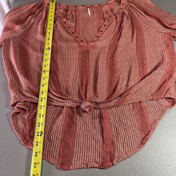 FREE PEOPLE Blouse V-Neck Rivets Tied Front Long Sleeve Boho Chic Womens M Red - Picture 6 of 10